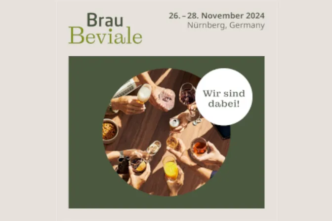 Grafik zur Messe BrauBeviale 2024 in Nürnberg mit Datum und Hinweis „Wir sind dabei!“