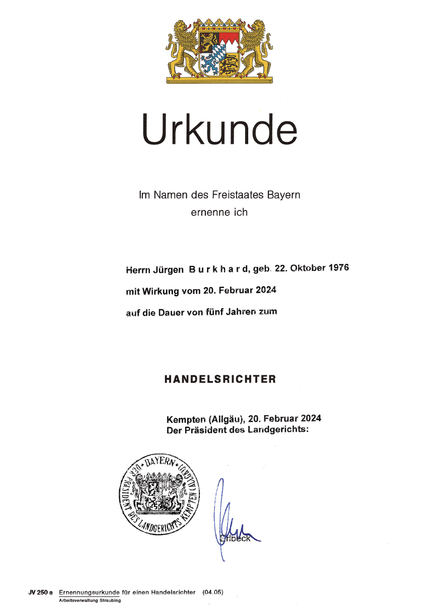 Urkunde des Freistaats Bayern zur Ernennung von Jürgen Burkhard zum Handelsrichter
